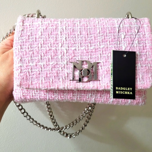 Badgley Mischka Pink Tweed Chain Shoulder Bag - Picture 1 of 2